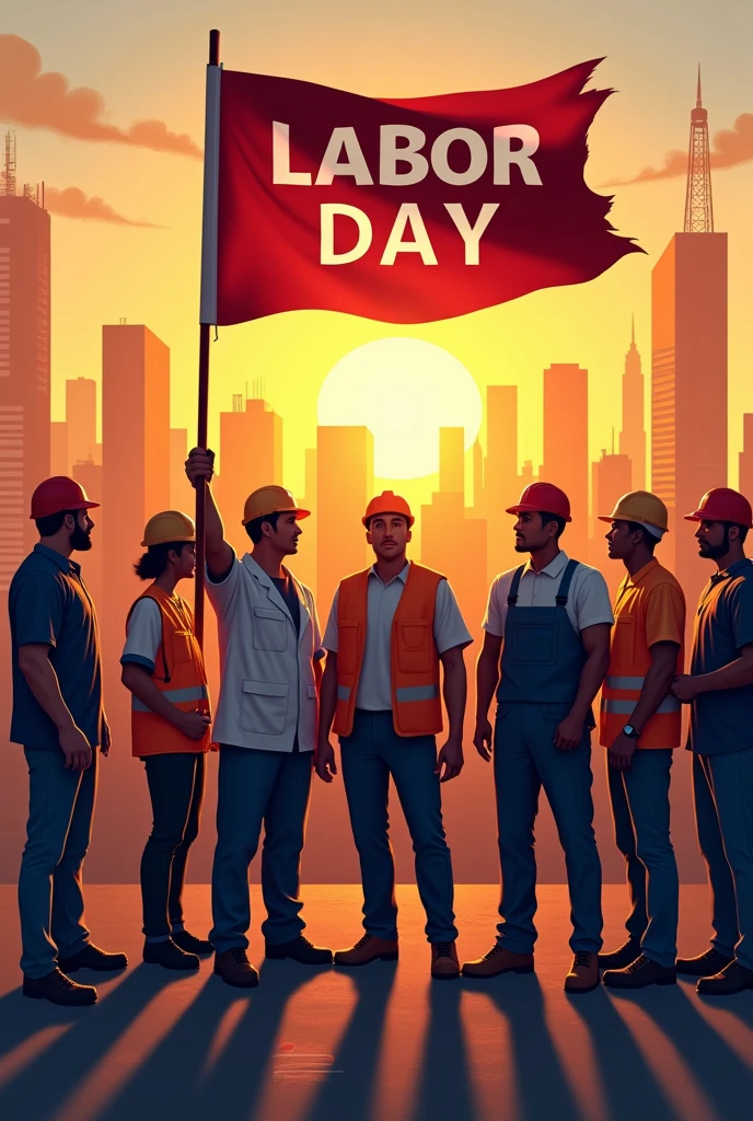 A diverse group of workers in different professions—construction workers, doctors, factory employees, and teachers—standing together holding a banner that reads 'Labor Day,' with an urban skyline in the background at sunrise."