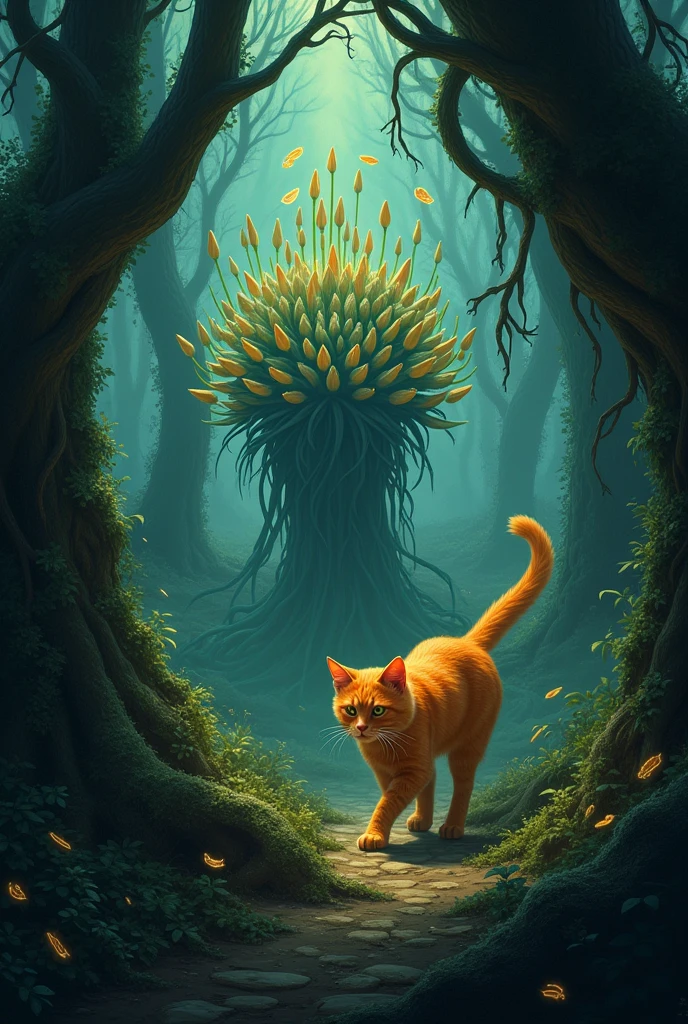 An orange cat is in a dark forest, Where there is a dangerous creature.
– An orange cat is passing through a dark forest, where there is a magical plant.