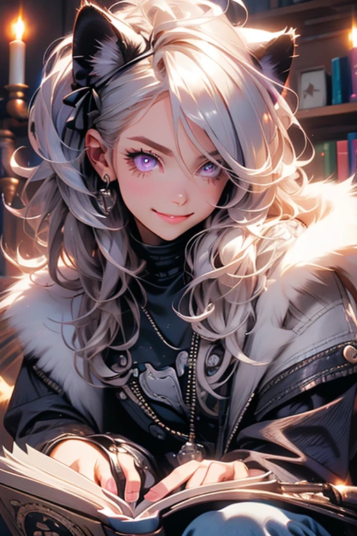 Perfect face. Perfect hands. A young silver haired woman with violet eyes and silver cat ears and a fluffy cat tail in a frilly leather jacket and jeans is smiling while reading a book in a haunted house.