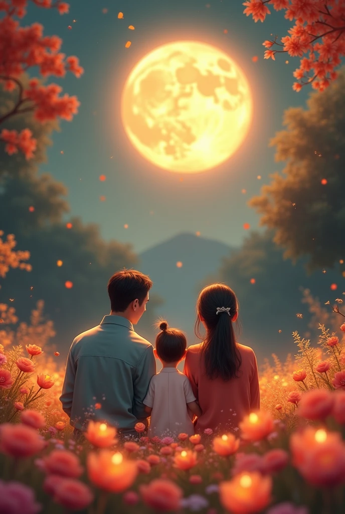 mid-autumn festival,Handsome father and charming beautiful mother, a cute child and a family sitting in the garden holding a lantern(There are many beautiful flowers in the foreground)Enjoy the huge and beautiful moon together. The warm, peaceful and happy atmosphere. The movie lights. Warm tones. Masterpiece. The happy scene is very beautiful., perfect composition, intricate details, Super detailed ( perfect anatomy ) Beautifully, 清新優雅的審美風格噴槍數位油畫精緻的藝術作品
營造出mid-autumn festival歡樂場景 (unique style)Very detailed, Real raw photos, best movie quality, Extremely fine texture, High quality work from a master artist