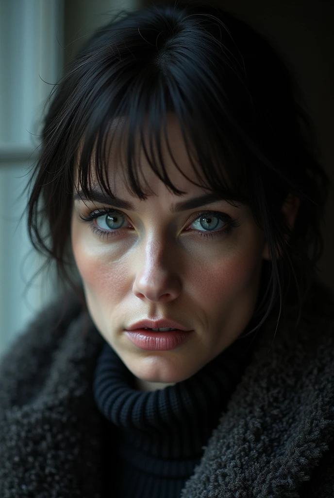 a handsome 30 year old women, short black hair, cold grey eyes, cold expression, arrogant, wealthy, wearing a black suit, detailed face, detailed eyes, detailed nose, detailed lips, intricate details, cinematic lighting, dramatic chiaroscuro, realistic, photorealistic, highly detailed, 8k, sharp focus, masterpiece, studio lighting, physically-based rendering, winter