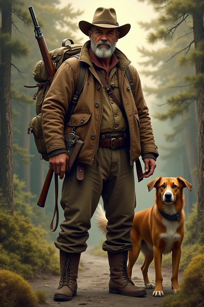 Hunter 2, Year 1920, backpack, rifle, a dog next to him