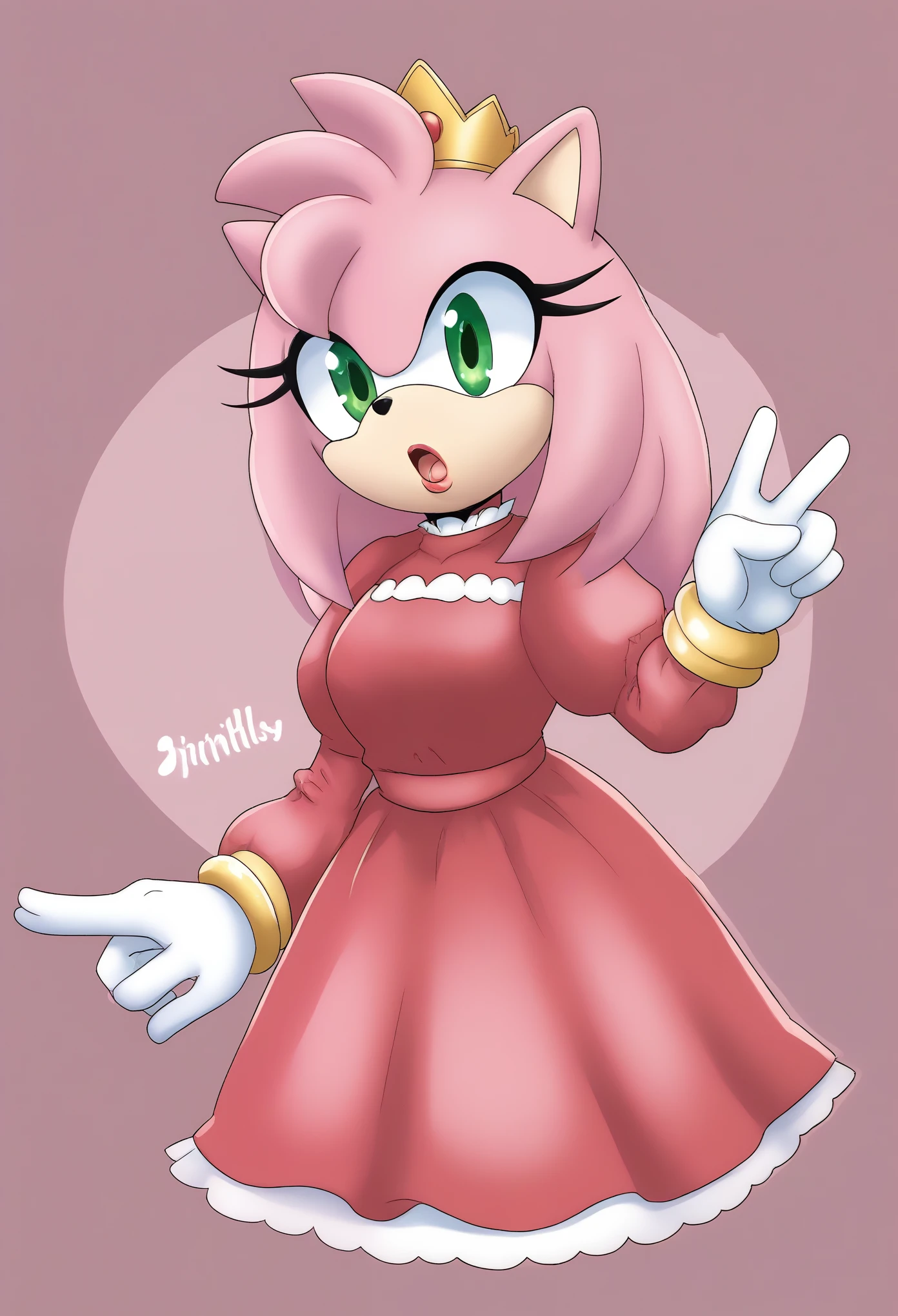 (1girl), (solo), Female Hedgehog, Amy Rose, Pink fur, long quills/hair, 3 large hair bangs, green eyes, slightly above average sized bust, milf, (dressed as a princess), dress similar to Princess Peach outfit, crown, red dress, puffy sleeves, (long white gloves), makeup, lipstick, eyelashes, small open mouth, v-neck, full body, daytime, mobian, mobius city
