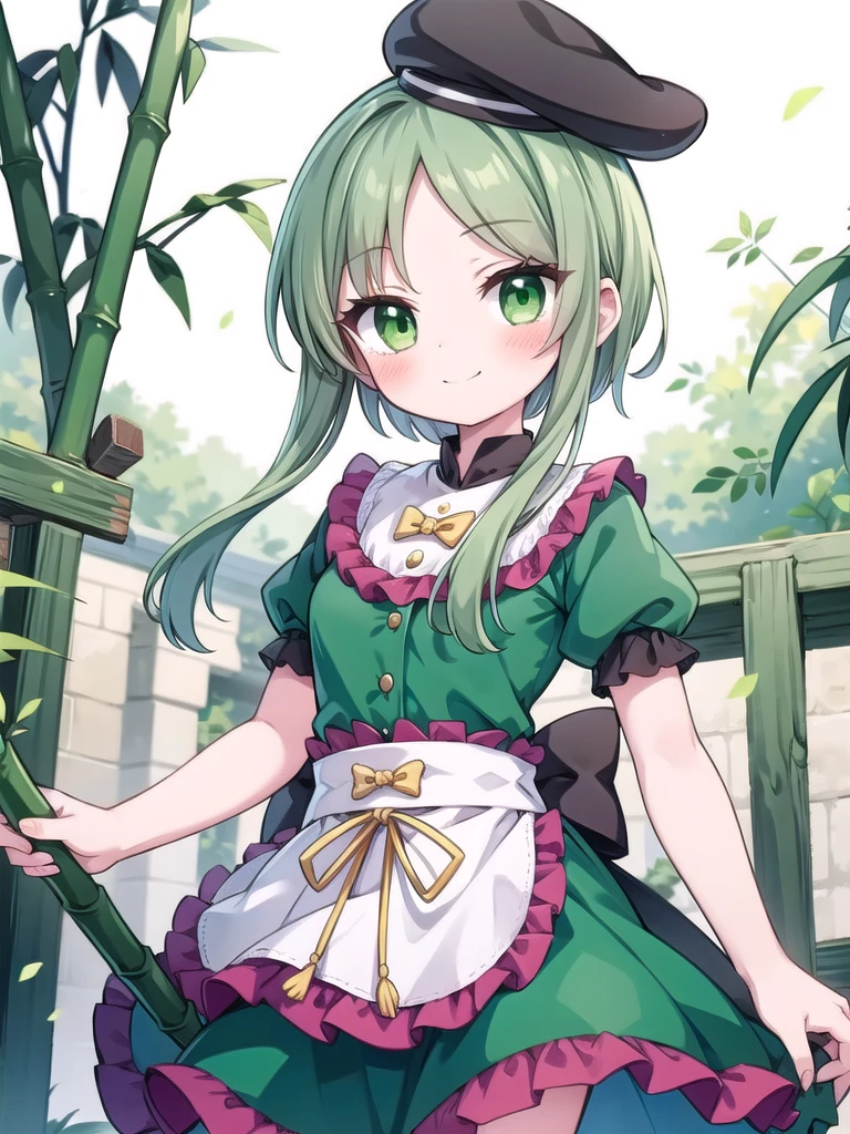 1girl, masterpiece, best quality, perfect hands, blush, smile, closed mouth, teireida mai, hat, tate eboshi, short hair with long locks, green hair, green eyes, short sleeves, bow, green dress, ribbon, frills, waist apron, ribbon, holding, holding bamboo, cowboy shot, parted bangs, puffy short sleeves