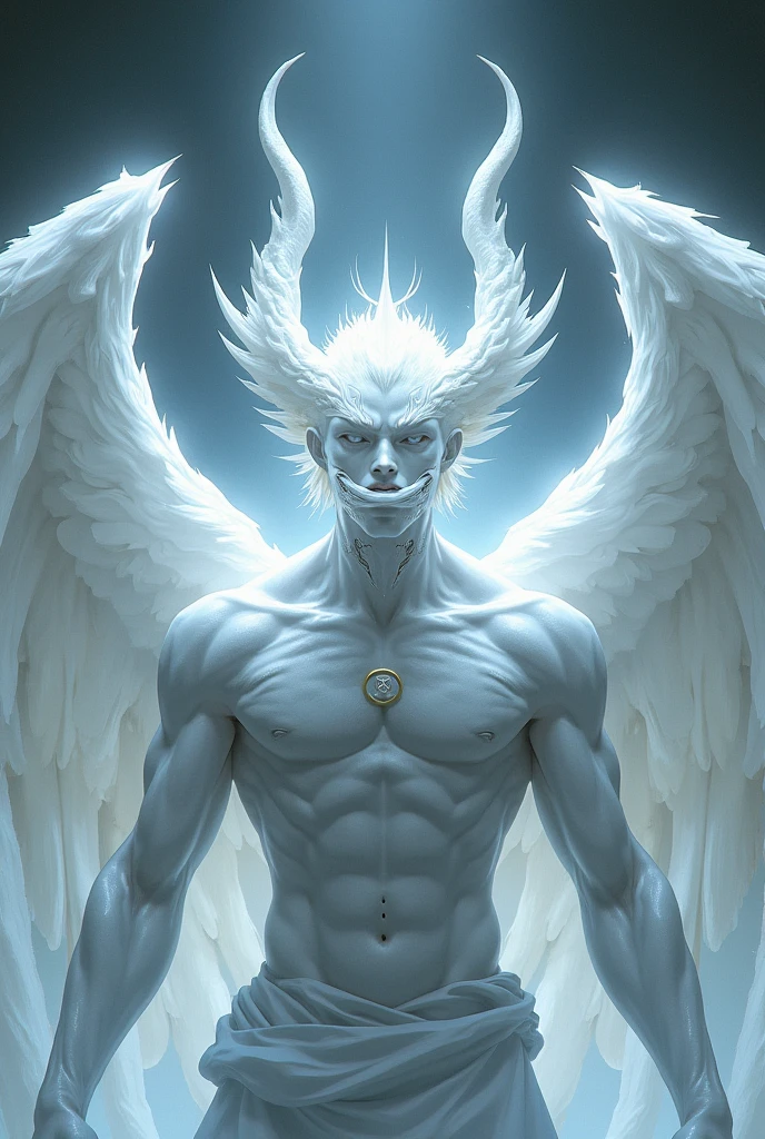To Mahara (Jujutsu Kaisen Character)
He has 4 wings on his face, just his mouth, he is completely white, he is strong and has a circle tattoo on his neck.