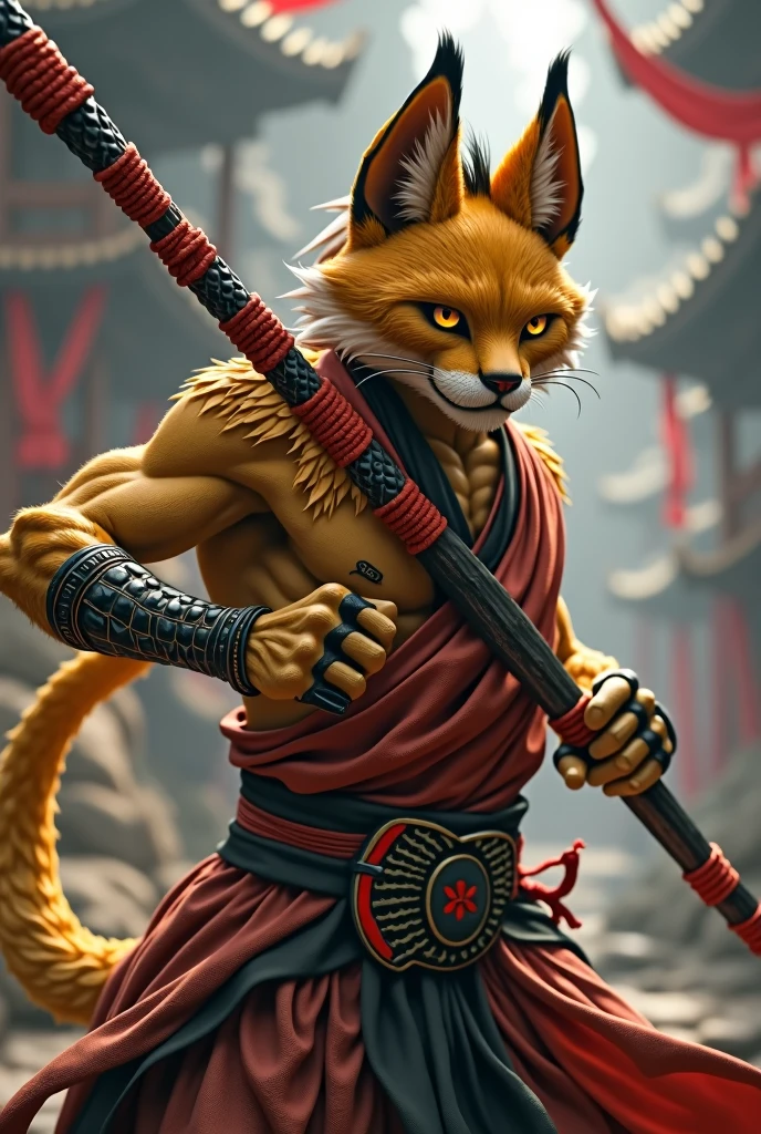 DnD Character, Khajiit with cat-like features, 180cm tall, 80kg weight, athletic body, short black hair, golden fur, pointy ears, small snout, amber eyes, monge, similar to wukong, fight with a red and black stick