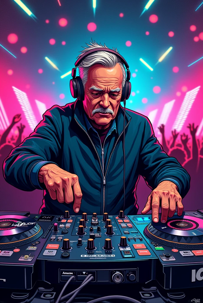 dj, headphones, Techno, turntables, 50 year old man, comic Style, short hairs, Dancer,