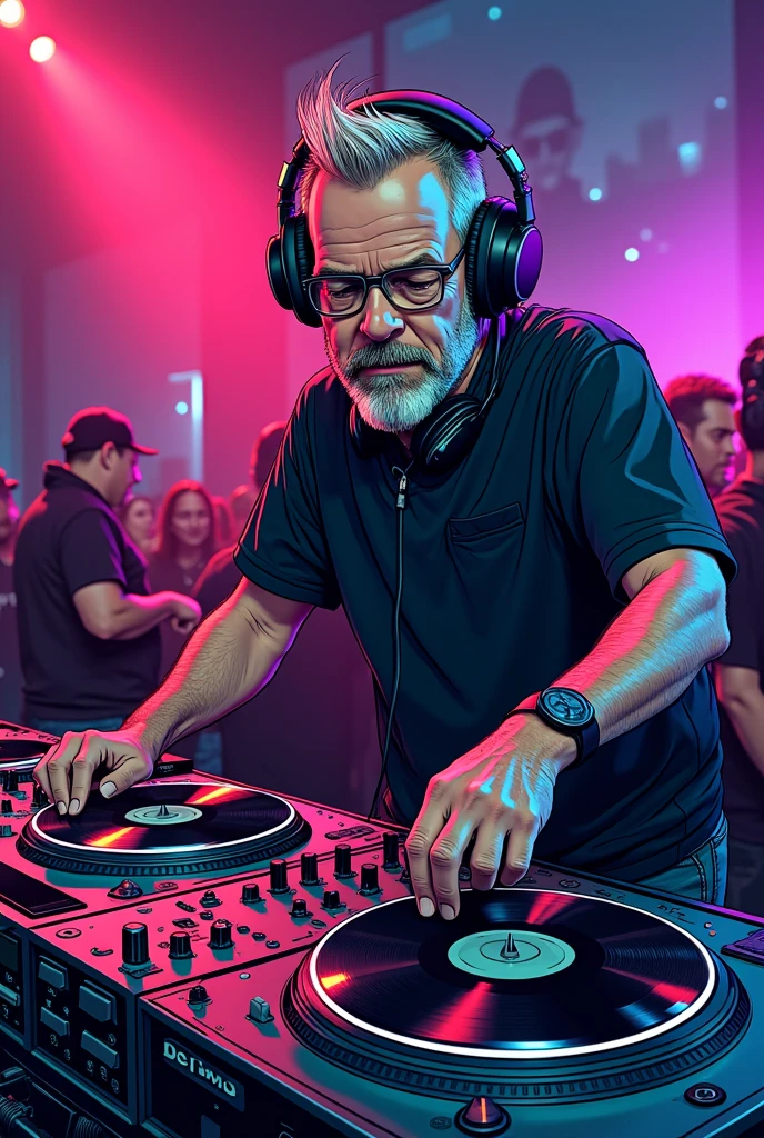 dj, headphones, Techno, turntables, 50 year old man, comic Style, short hairs, Dancer,