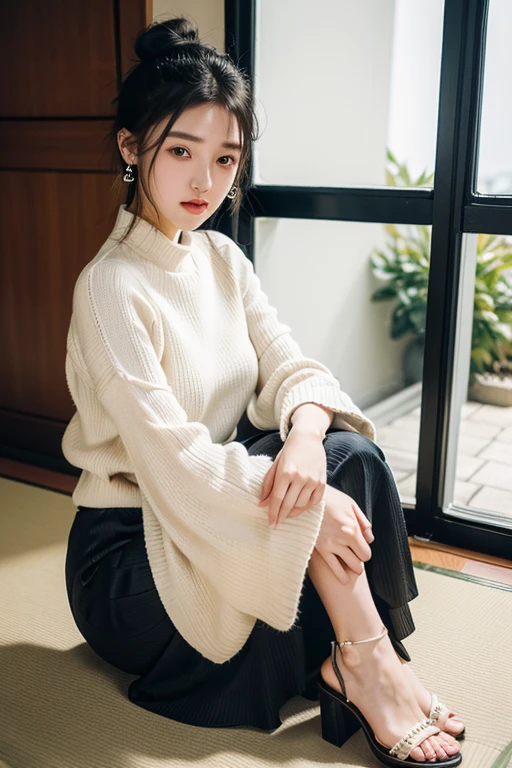 (22 year old Japanese beautiful girl,Thin eyebrows), (Small breasts,:1.5,),(solo,Textured skin, High detail, Highest quality, Super detailed, Surrealism, Realism,8k,RAW Photos,Professional Lighting,Aperture F1.2),(((Black Hair, Natural Makeup,Earrings,Bun Hair, ))),((Warm Light,Crouching,Heeled Sandals, Maxi Skirt, Bell Sleeve Sweater Dutch Angle, ))