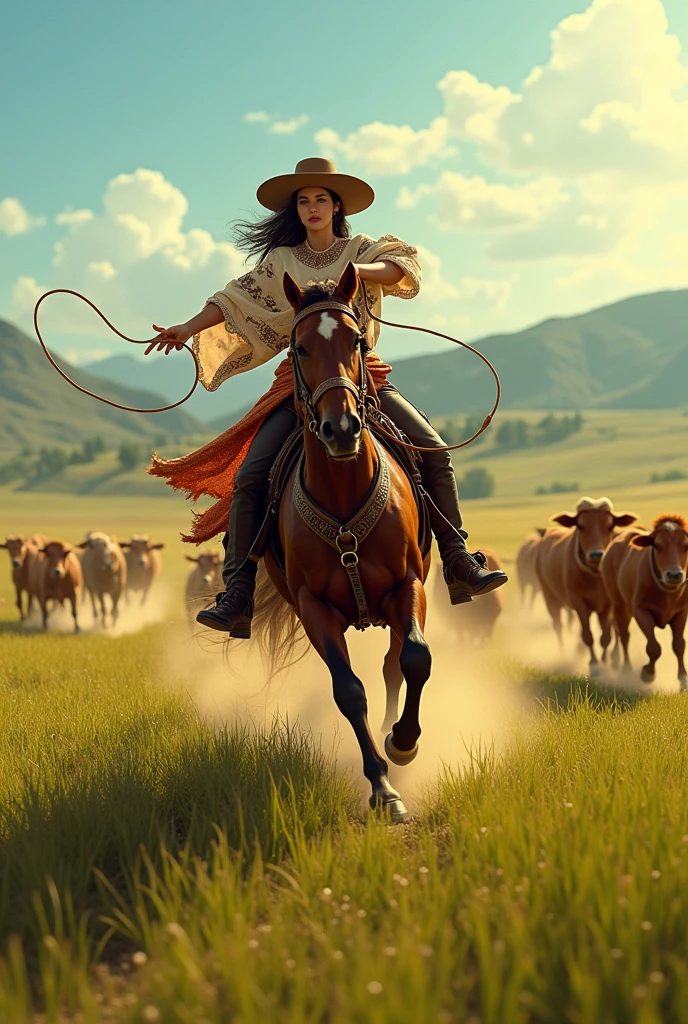 Brazilian woman wearing gaucho clothing riding a Criollo horse and running in the field and throwing a lasso at the Nelori cattle