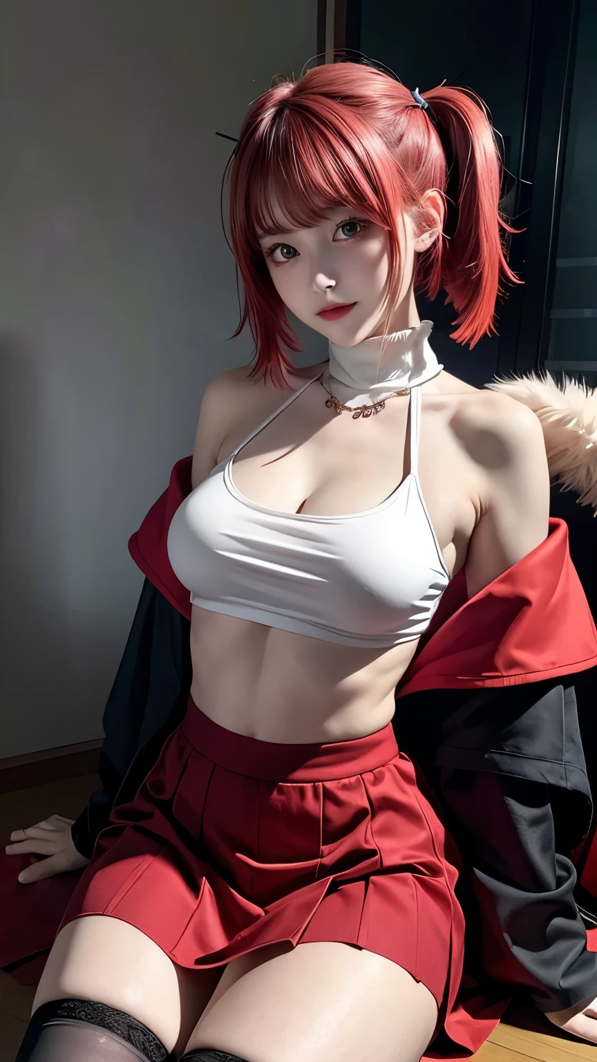 (masterpiece),(best quality),(ultra-detailed),(best illustration),(best shadow),(absurdres),(detailed background),(very aesthetic), wizzard, short hair, red hair, ((twin tail)), red eyes, cloak, ((red_ornamentedium_tits)), exposed belly, 1girl, legs exposed, strikes, Perfect face, short skirt, knee socks,add_detail:1, add_detail:0, add_detail:0.5, moody light,and the sun was shining brightly,8k,hyper-detailing