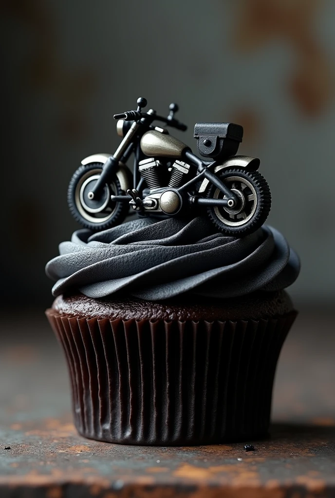 Black cupcake with motorcycle accessories