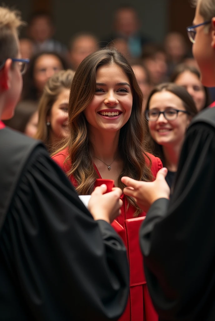 A teenage girl being congratulated for academic excellence 