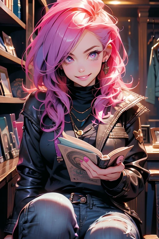 Perfect face. Perfect hands. A pink haired woman with violet eyes and an hourglass figure in a leather jacket and jeans is smiling while reading a book in a haunted house.
