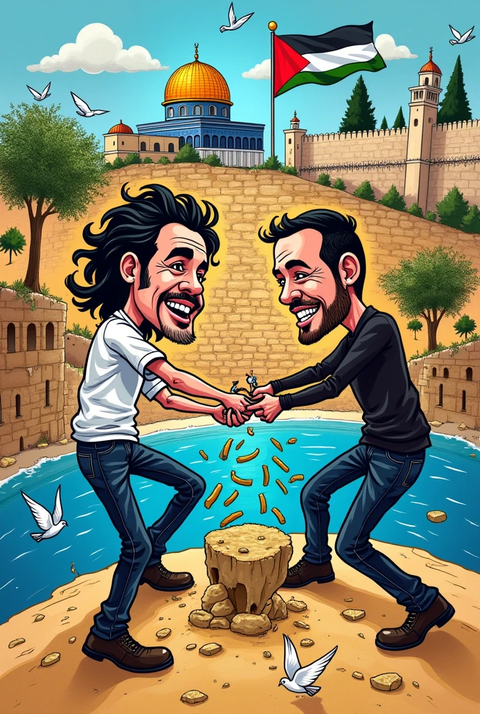 You need to act like a and you have to make a drawing that represents what is currently happening and what you interpret in the conflict between Palestine and Israel., that is very creative and cartoonish
