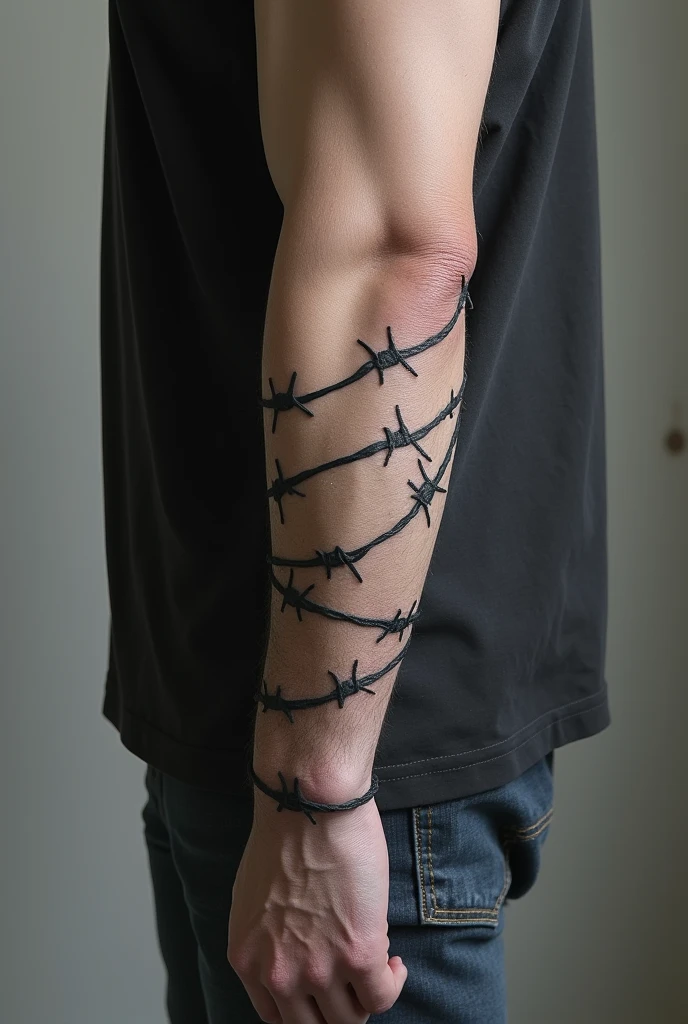 A thin barbed wire tattoo wrapped around front forearm 