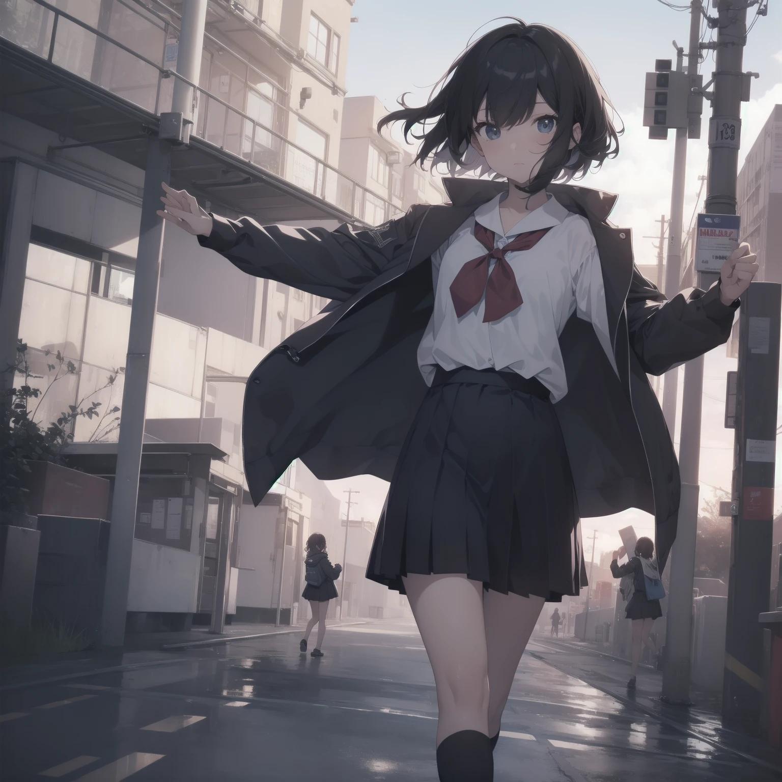 ultra-absurdres-Top quality by artist God, ultra-detailed, high resolution, anime moe artstyle, best anime 8k konachan wallpaper, pixiv contest winner, pool:2810, perfect anatomy,break, 1girl, (Please draw a girl walking sleepily to school alone. )break,(Solo,little female, 13-year-old:1.3),Full limbs, complete fingers,a junior high school student, (very short hair), short cut, flat chest, , small butt, small black eyes, beautiful detailed eyes, well-proportioned iris and pupils, expressive eyes, highres detailed hair, soft expression, salor school_uniform, sailor collar, serahuku, bow, pleated skirt,(Detailed Lighting), (Detailed background), in the School commute route. break,super detailed skin, Best cinematic lighting powered by famous artist, 8k,beauty illustration,photoshop_(medium),very aesthetic,break,((artist:shimazaki_mujirushi )), artist:clamp ,artist:carnelian ,artist:kantoku ,
