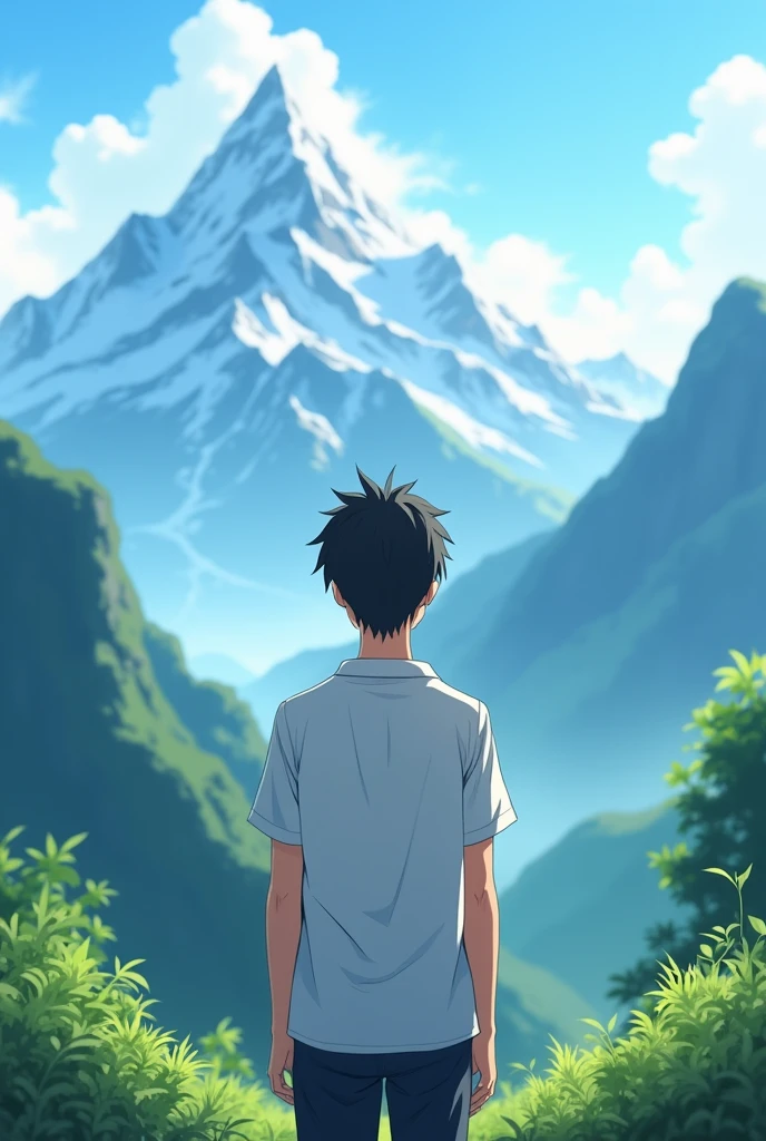 A anime boy which standing in center of mountain in fully peace wearing white shirt and show him from backside.