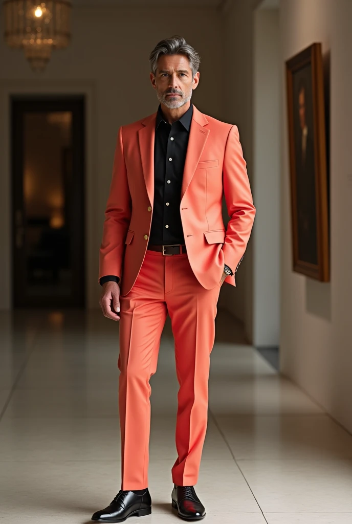 Create a man in a salmon-colored suit, but his shirt is black and with black shoes