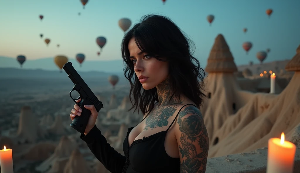tatuados,Very beautiful big breasts、Very large bust、Gazing into the distance、(Dark Suit)(Holding a pistol),(Back tattoo、Many tattoos on both arms and neck)、 (Cappadocia(Türkiye) - A fantastical landscape of strange rock formations and hot air balloons),Candlelight only,Very detailed, 2, A beautiful woman,Depressed face, Black Hair,Medium Wavy Hair, blue eyes, High resolution, masterpiece, Highest quality, Intricate details, Very detailed, Clear focus, Delicate skin, practical skin texture, texture, Delicate eyes, Professional, 8k, Sad face,despair、 Shot with Canon, 85mm, Shallow and deep, Kodak Vision Color, Exactly, Very detailed, photograph_\(Extremist\), photographpractical, practical, Post-processing, Maximum details, Roughness, Real Life, Extremist practical, Photorealism, photographgraphy, 8k ウルトラ HD, photographgraphy
