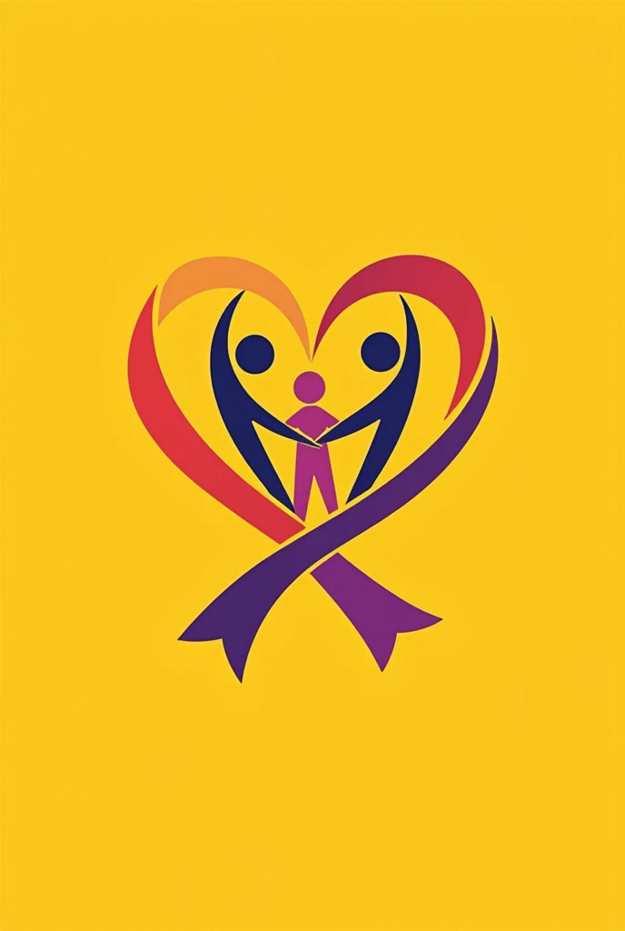 Draw a logo in purple and yellow Where the ribbon will be purple on a yellow background with an inscription and a heart will be made from the ribbon and three people who hold hands and in the corner of the heart the inscr