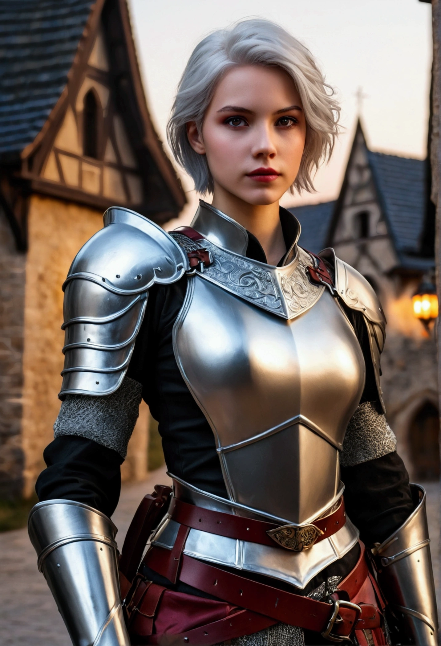 tmasterpiece,Best quality at best,A high resolution,8K,((Portrait)),(Head close-up),Original photo,real photograph,digital photography,(Female adventurers in the medieval fantasy style),(A fighter in a fantasy world),18-year-old girl,(Hair gradients of black and red),Gray random hairstyle,Red eyes,(White and gray gradient short hair,Gray),(Big breasts),An extravagant ornament,cparted lips,Keep your mouth shuegant and charming,((Shy)),Serious and arrogant,Calm and handsome,(Medieval fantasy combat suit,Joint Armor,Lightweight leather protection,The Beautiful Magic Badge,A delicate pattern),Bare shoulder,((A slender figure)),Photo pose,medieval characteredieval fantasy style,City background at night,oc render reflection texture