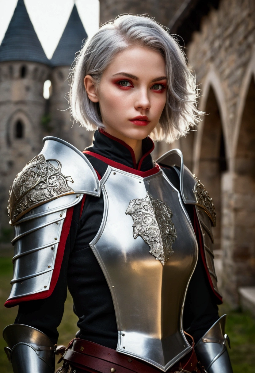 tmasterpiece,Best quality at best,A high resolution,8K,((Portrait)),(Head close-up),Original photo,real photograph,digital photography,(Female adventurers in the medieval fantasy style),(A fighter in a fantasy world),18-year-old girl,(Hair gradients of black and red),Gray random hairstyle,Red eyes,(White and gray gradient short hair,Gray),(Big breasts),An extravagant ornament,cparted lips,Keep your mouth shuegant and charming,((Shy)),Serious and arrogant,Calm and handsome,(Medieval fantasy combat suit,Joint Armor,Lightweight leather protection,The Beautiful Magic Badge,A delicate pattern),Bare shoulder,((A slender figure)),Photo pose,medieval characteredieval fantasy style,City background at night,oc render reflection texture