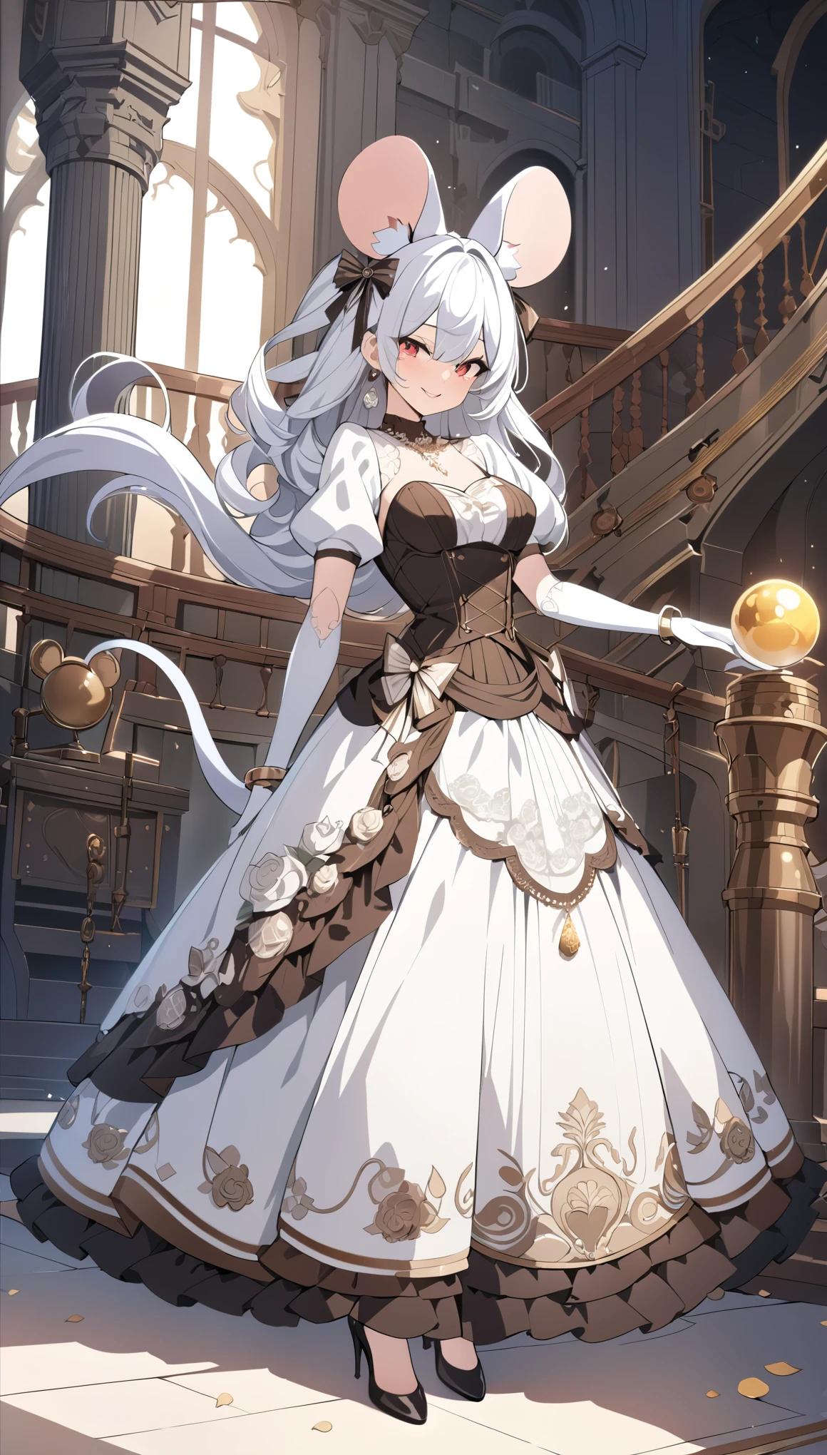 (best quality,4k,8k,highres,masterpiece:1.2), ultra-detailed, Pretty anthropomorphic mouse girl, drawn in anime style, steampunk, wearing a flowery yellow ball gown with puffy sleeves, steampunk, gorgeous frilly dress design,flowing gown,elaborate lace details,rich textures,contrast stitching,delicate ribbon bows,floral accents, flowers embroidery, full skirt,short sleeves,fitted waistline,flared cuffs,lace-up back,luxurious fabrics,flawless silhouette, long curly white hair and red eyes, white fur, smiling, mouse ears and tail, high heels, white elbow gloves, earrings, gold bracelets, red lipstick, eyeshadow, seashell necklace, Standing in a castle ballroom in elegant pose.