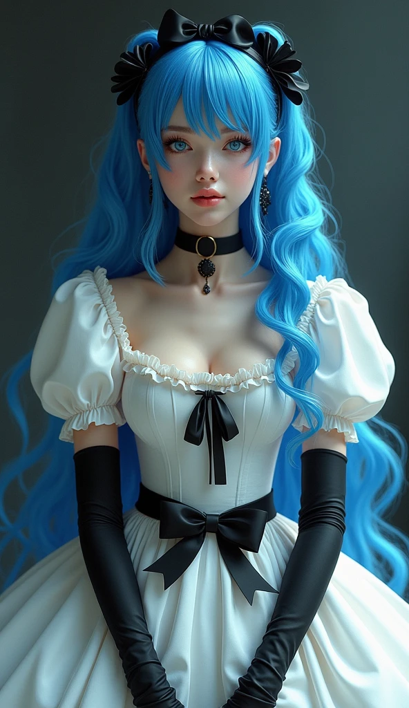 korean,realistic, masterpiece, final detail, photo realistic, intricate detail, octane rendering, 8K, 1Girl, full bodyperfect face, beautiful face, NSWF, trough reference, detail hair,, black bow, black gloves, black legs, blue eyes, blue hair, bow, collarbone, dress, drill hair, ruffles, ruffles, gloves, gwen, headdress, highres, long hair, parted lips, puffy sleeves, purple eyes, smile, solo, white dress, oil skin,