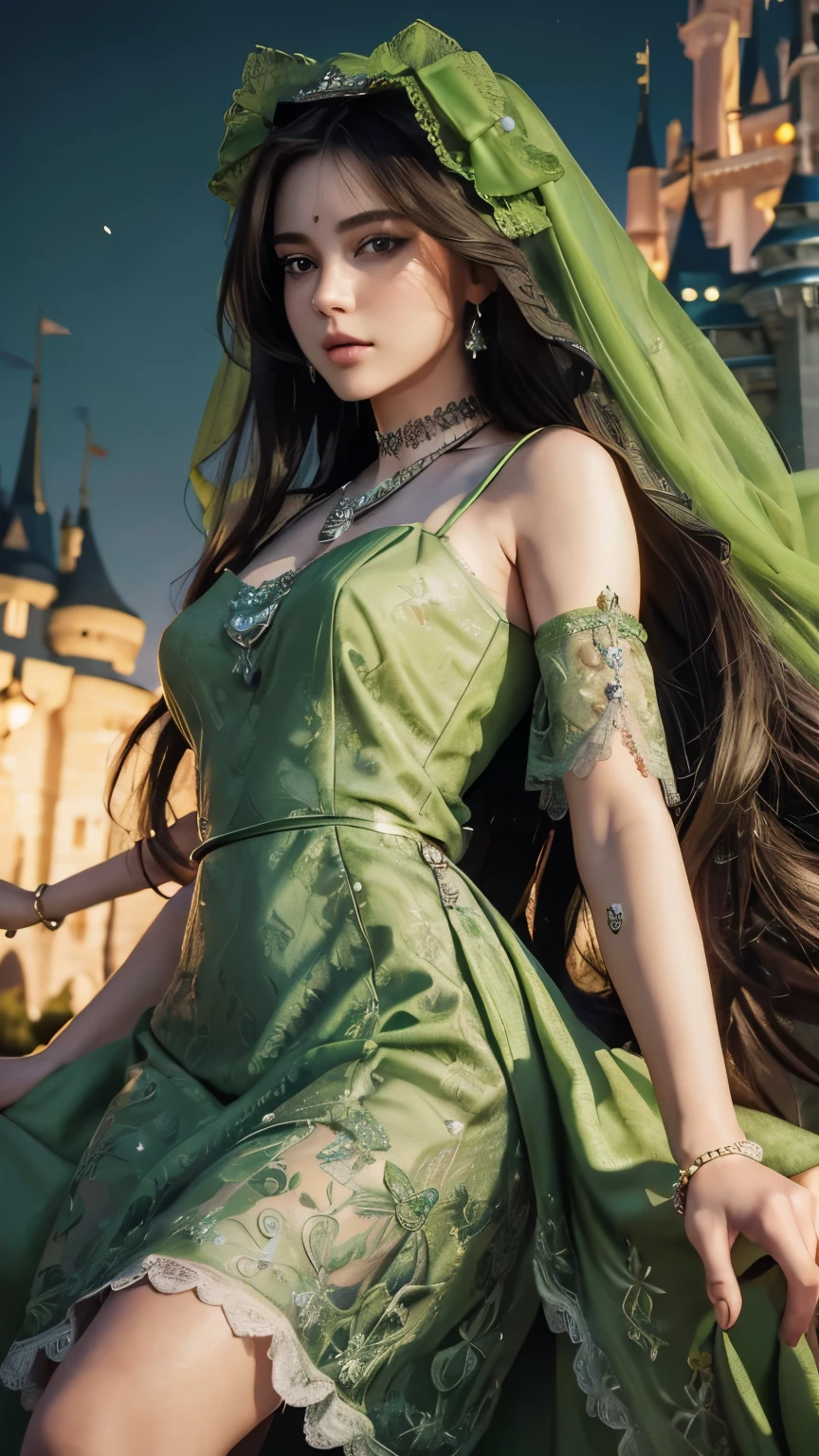 8k, Ultra HD, masterpiece, realistic, 1 girl, nice face, smog makeup, very long hair, Princess hairstyle, detailed eyes, detailed lips, middle picture, very detailed dress, (Green dress:1.5), (epaulettes:1.5), (race:1.5), (그water 스타킹:1), (bijouterie:1.8), ((disney castle)), night sky, water, Bloom Lighting, night lights, darkness, attractive pose,