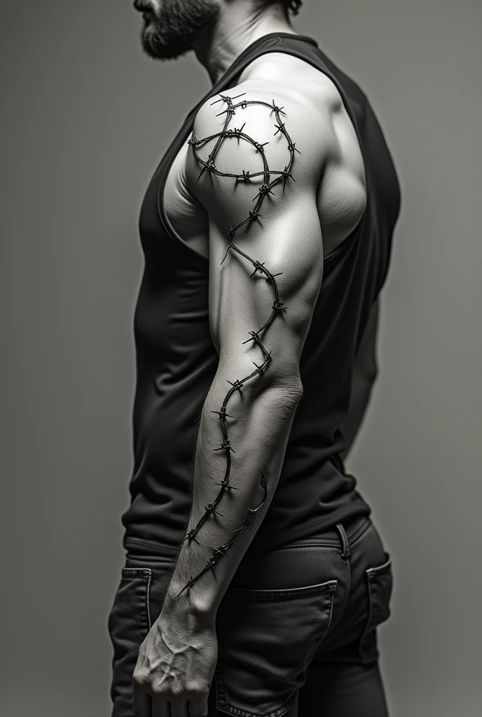 A thin barbed wire tattoo wrapped around front forearm 