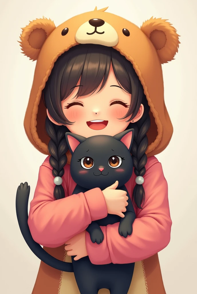 young girl with braids Wearing a pink shirt, smiling cutely, wearing a bear costume, holding a black cat.