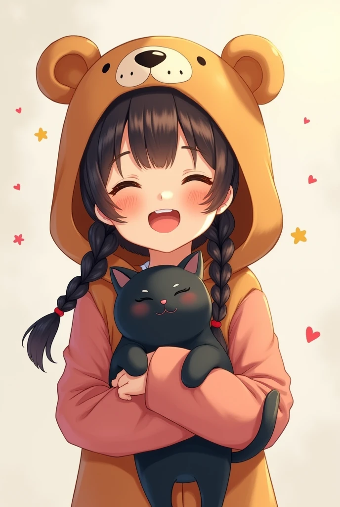 young girl with braids Wearing a pink shirt, smiling cutely, wearing a bear costume, holding a black cat.