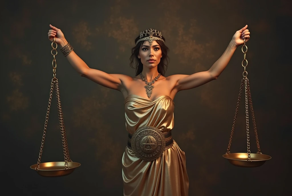 (((ultra realistic))) Photo, masterpiece, top quality, (Pale skin), (Ultra detailed face and eyes.:1.3),  A hyperrealistic image of a woman representing the zodiac sign of Libra, Captured in a classic and elegant style. The woman has a strong and balanced posture, similar to a goddess of justice, with arms outstretched holding an antique golden scale, intricately designed, that reflects light gently. His expression is serene and determined, with a touch of authority and grace. His body is slightly tilted to one side, with one leg forward, creating a perfect balance in the composition of the image. He wears a golden robe draped around his body., that falls gently in elegant folds, similar to classical Greek style. The tunic is adorned with embossed details of geometric patterns., emphasizing the symbolism of justice and balance. The fabric shimmers subtly under the lighting, highlighting the rich texture and details of the design. The woman is wearing a golden tiara that fits perfectly over her hair., which is gathered in a low bun with some loose strands, giving it a majestic air. A wide belt with a central medallion, decorated with Libra symbols, girds his waist, adding a touch of power and symbolism to his figure. The gold and bronze tones in her clothing and accessories contrast with the dark, textured background., evoking an ancient and timeless atmosphere. The background of the image is dark, with brown and gold tones that mimic an aged canvas texture, creating a classic and solemn atmosphere. The lighting is warm and directed, highlighting the muscular lines of his arms and the contour of his face, while maintaining a soft shadow that adds depth to the scene. The scales he holds in his hands are detailed and ornate., symbolizing balance and justice, central elements of the Libra sign.