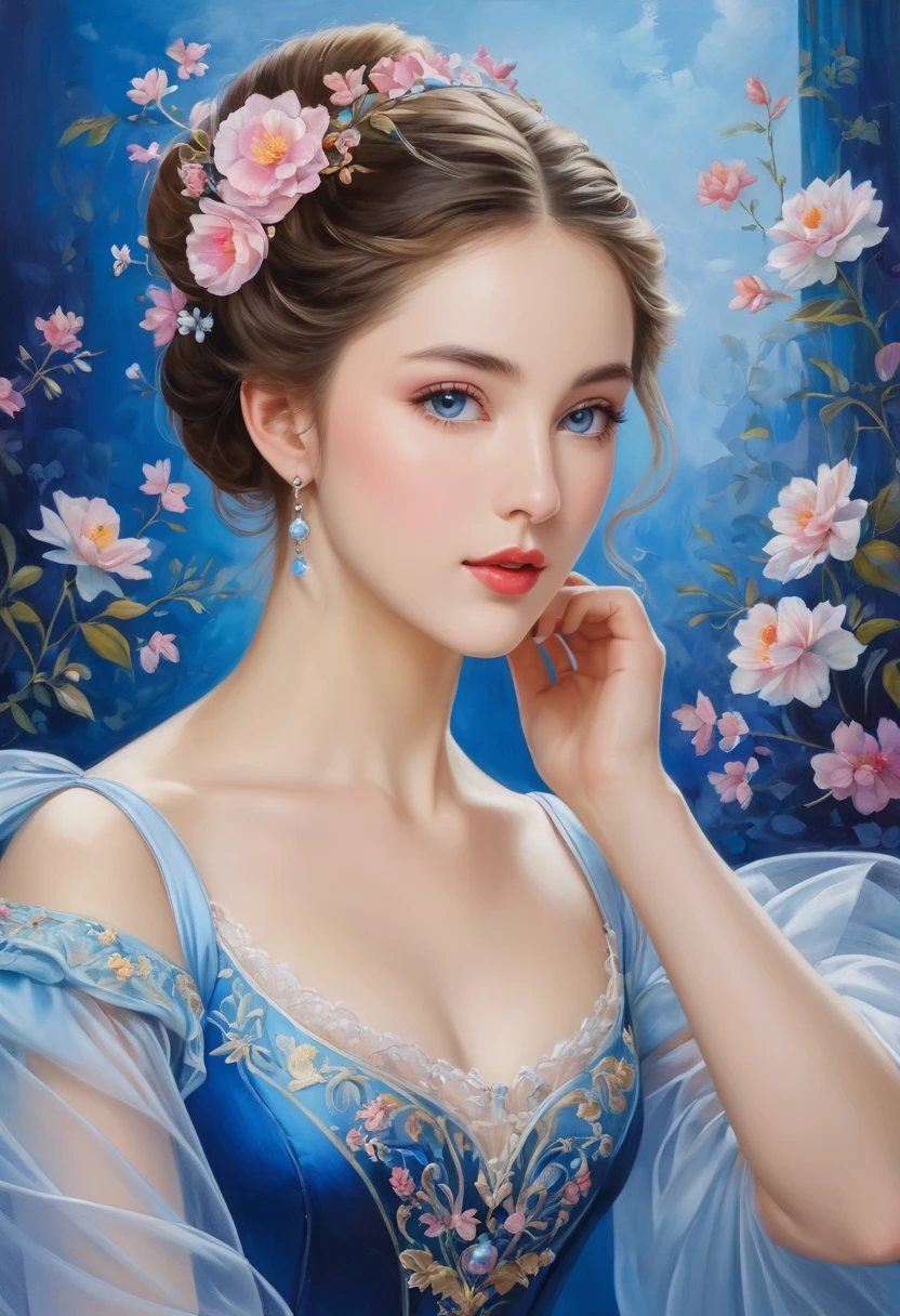 (high resolution,masterpiece:1.2),(Practical:1.37)"(best quality, high resolution, Very detailed, Practical),Beautiful portrait of a 19th century French ballerina, (She is of French and Japanese descent.., She is a beautiful woman,With deep blue eyes and a high nose.:1.1), Exquisite ballet costumes, Detailed facial features, Slender and graceful neck, Flowing hair, Calm and elegant posture, Soft and delicate lighting, Classical oil painting material, Vibrant colors, Delicate background with floral pattern", Dreamy atmosphere, Surrealism,Mysterious atmosphere