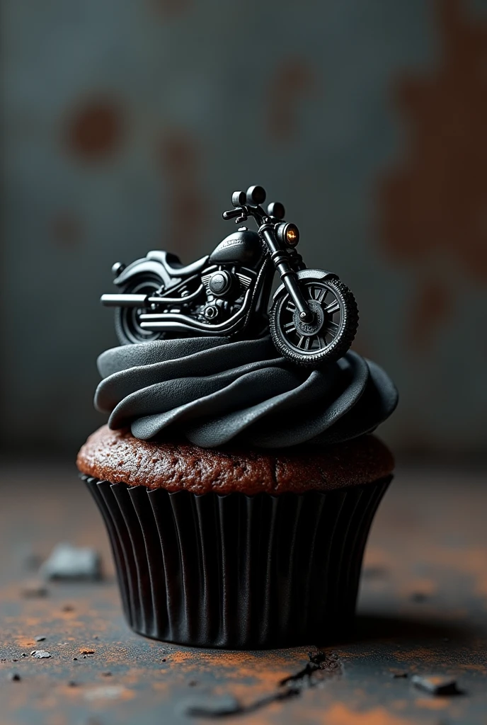 Black cupcake with motorcycle accessories