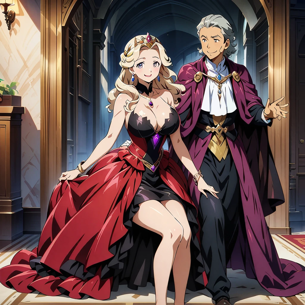 One mature noble lady and one young and beautiful princess,(Highest quality,Extremely detailed depiction,Incredible high resolution,Anatomically accurate depiction,Curvy Legs,Nice hands,Perfect Fingers),(Glowing Skin,Oilskin),(A complex and elegant dress,Luxury accessories,Earrings,necklace,Bracelet,),eyelash,(Glowing purple eyes,Half-closed eyes:1.3,Large Breasts,Happy smiling princess,A noble woman with a bewitching smile,Glossy Red Lips,A noble woman is embracing a princess from behind:1.5,),whole body,High-quality anime art,
