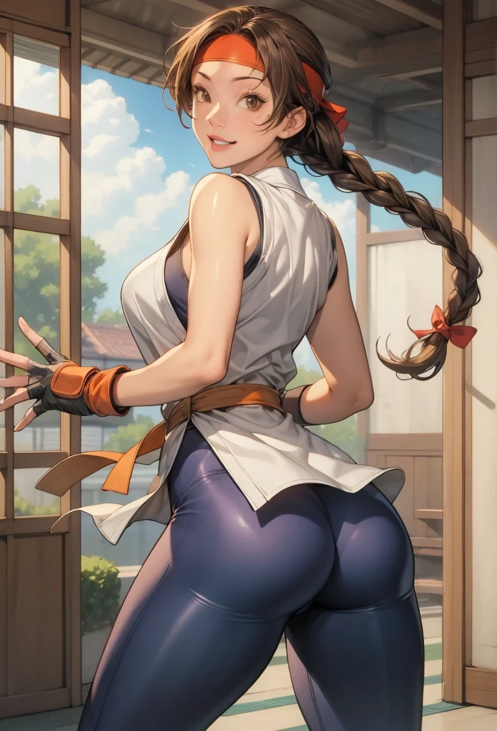 score_9, score_8_up, score_7_up, BREAK, score_9, ysakazaki, happy, teeth, smile, brown hair, brown eyes, single braid, dougi, spandex, headband, fingerless gloves, cowboy shot, ass, from behind, dojo