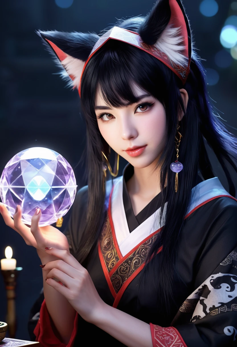 Monster Girl, Cat ear,20th Generation, fortune teller,Realistic Women, Black Hair,cute