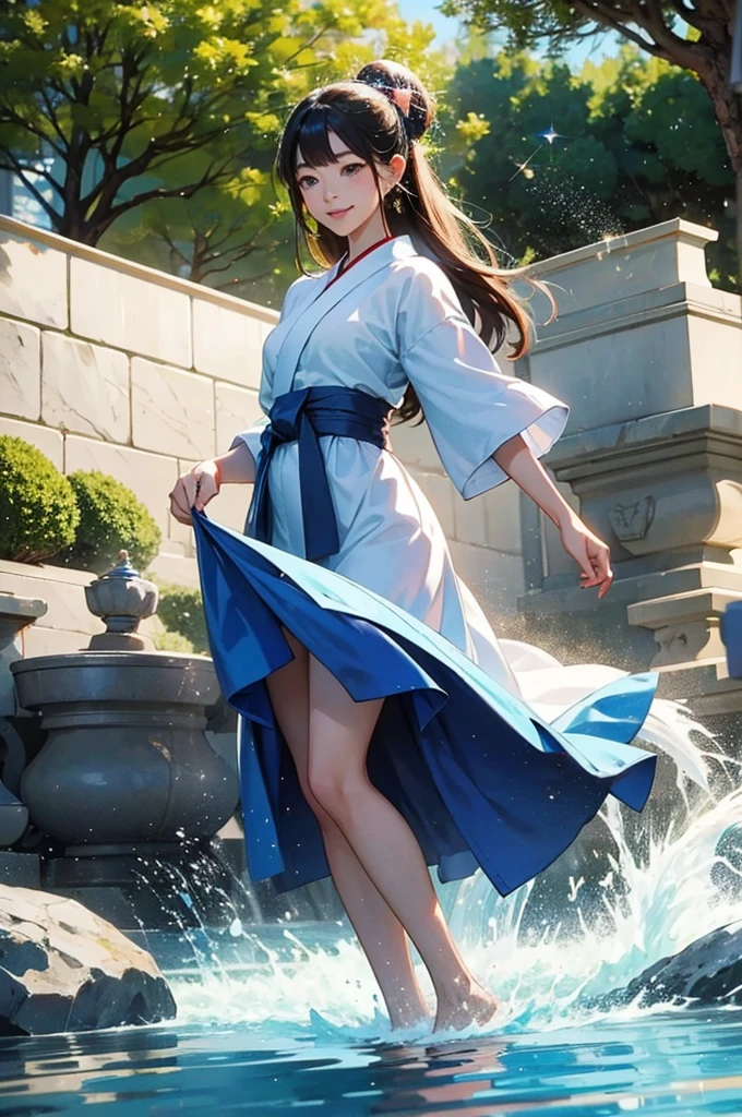 anime style, super fine illustration, highly detailed, dynamic angle, beautiful detailed, 8k, Three Japanese Clothes Girl, about , playing in a fountain with their clothes on, on a summer afternoon; the three Japanese Clothes Girl, about , are smiling and the water splashes are sparkling (sparkle: 1.5). BREAK The bright sunlight reflects off the fountain, creating a lively atmosphere.