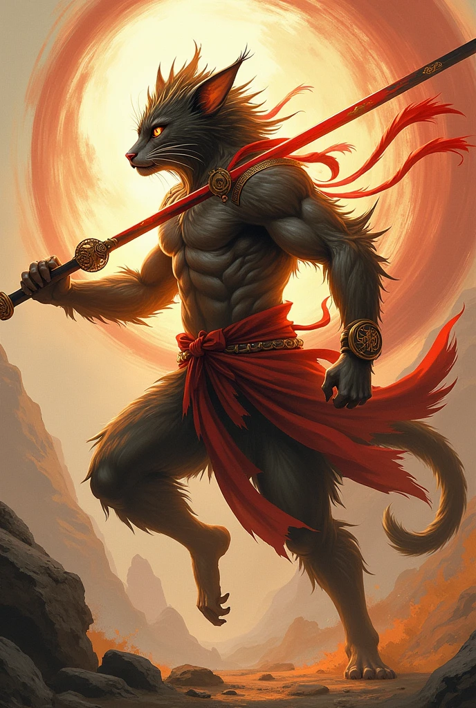 DnD Character, tabaxi with feline features, 180cm tall, 80kg weight, athletic body, short black hair, golden fur, pointy ears, small snout, amber eyes, e, similar to wukong, fight with a red and black stick