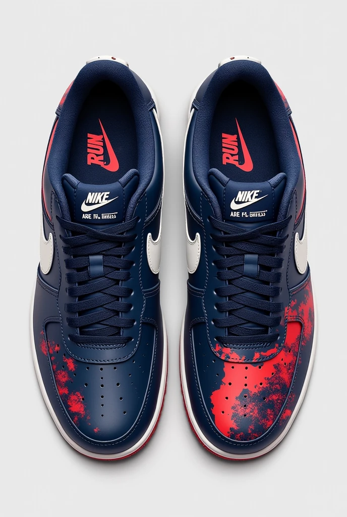 design for me an air force 1 show. I want a classic design colored by dark blue, white, black and red with the text: run for the hills. I want another text: T8. Make it a Tate mcrae theme from the video run for the hills on youtube
