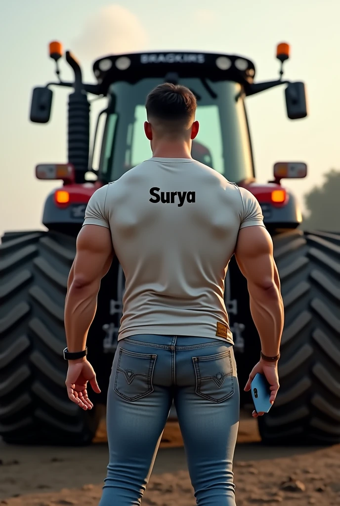 A strong man
stand in front of a tractor
The man face is back side
He wear a t-shart print her name is surya
The tractor with fatty tyre
And music base
The number plate is surya
He hold a iPhone 15 pro max