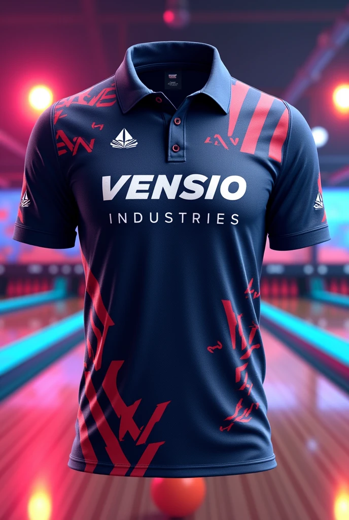 create sublimated bowling polo shirt with VENSIO INDUSTRIES letters on it without wear with bowling background 