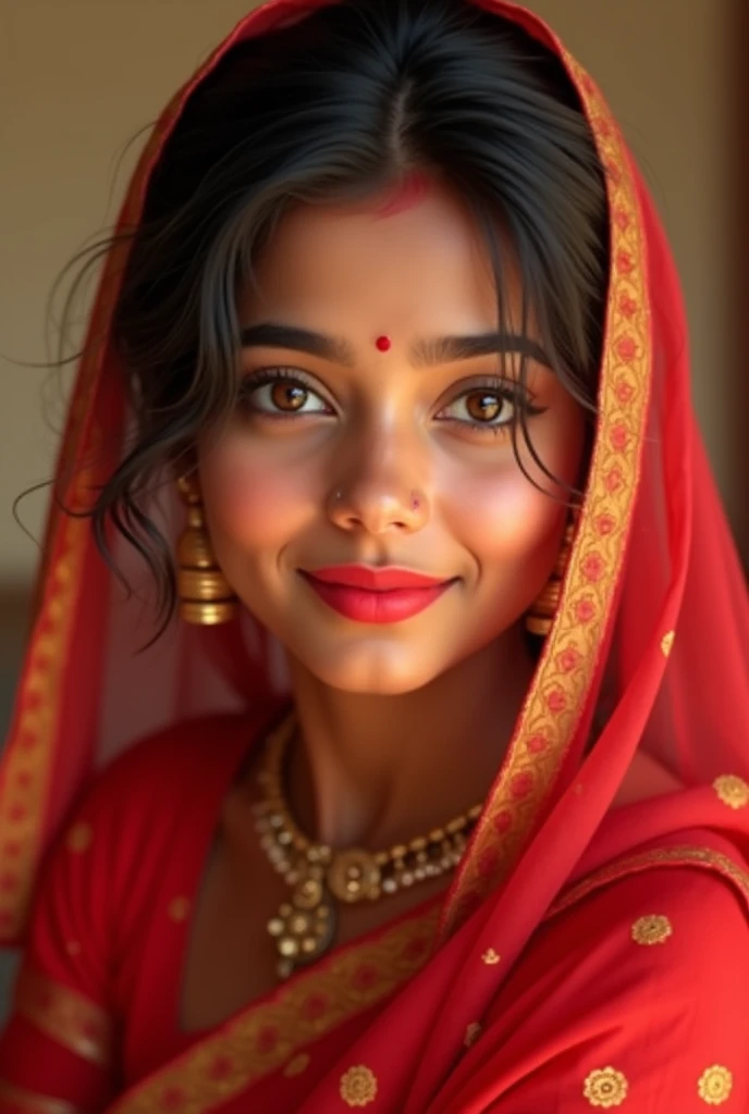 20 year old Indian lady, little chubby,very innocent face,red lips,big eyes, color complexion near to golden colour, wearing a saree, little smile on her face, medium weight,red saree, jawline, looking in front
