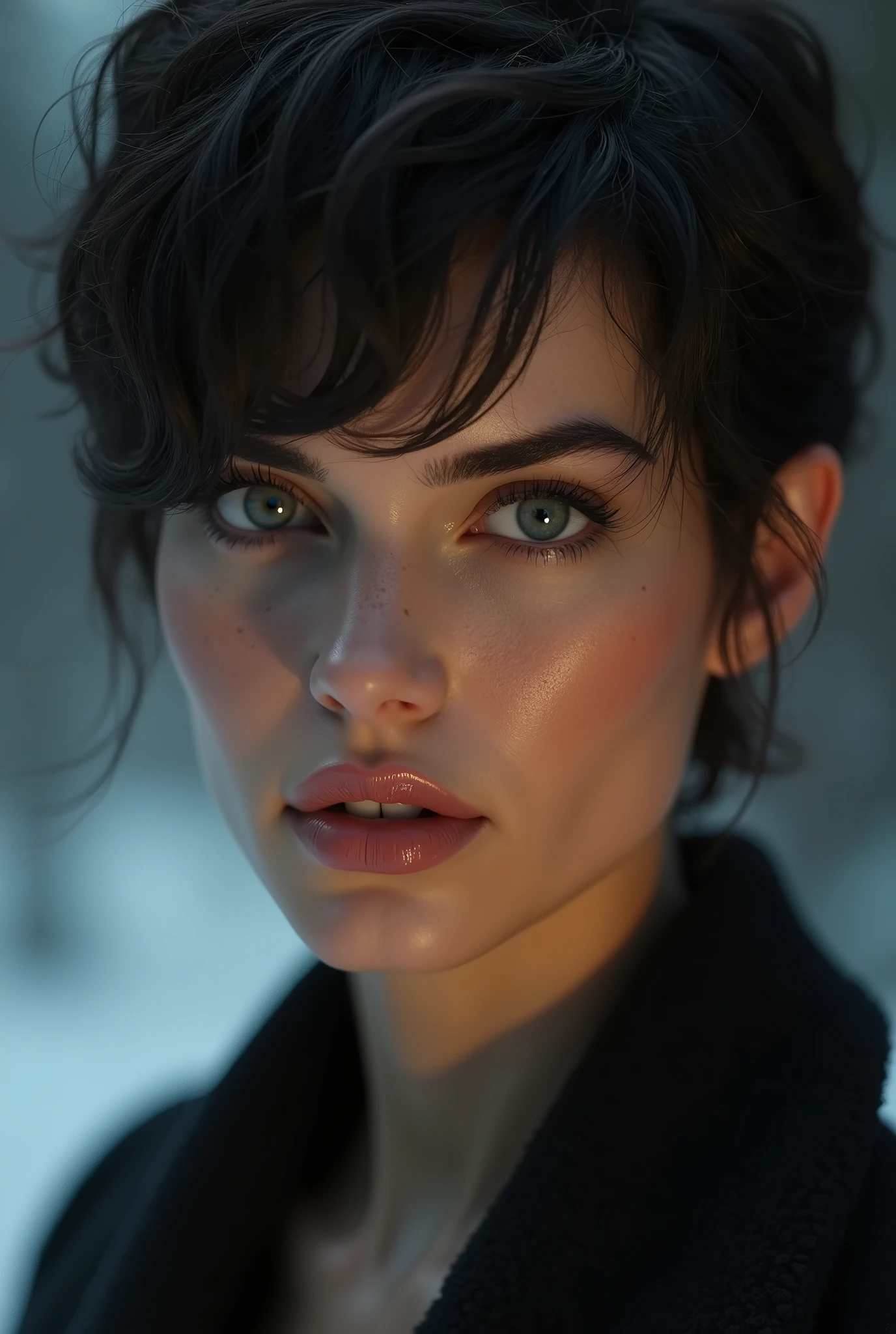 a handsome 30 year old women, short black hair, cold grey eyes, cold expression, arrogant, wealthy, wearing a black suit, detailed face, detailed eyes, detailed nose, detailed lips, intricate details, cinematic lighting, dramatic chiaroscuro, realistic, photorealistic, highly detailed, 8k, sharp focus, masterpiece, studio lighting, physically-based rendering, winter 