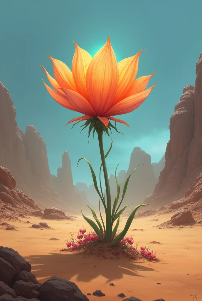 horror-themed ether fantasy concept art of breathtaking a delicate flower Growinging in the middle of the desert ColorART, DonMASKTexXL Colorful Space Leather , Masterpiece, Award winning, professional, Very detailed, Growing, heavenly, ether, The picturesque, surprising, majestic, magic, Imagination art, Cover Art, Dreamlike, Suspicious, anxiety, dark, Suspiciousな, incentive, firm, Very detailed
