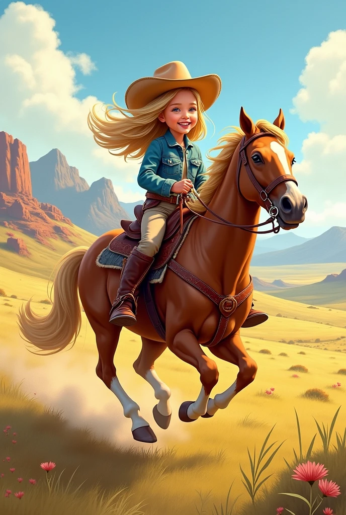 drawing of a five year old cowgirl riding a horse with a flowered hat