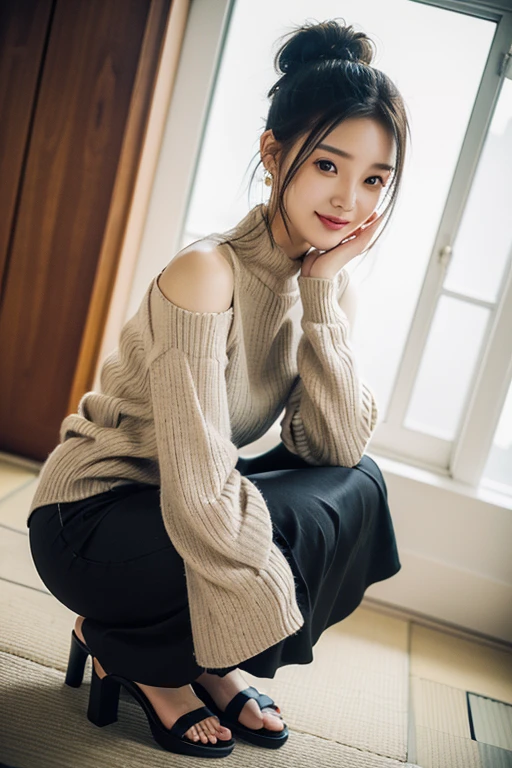 (22 year old Japanese beautiful girl,Thin eyebrows), (Small breasts,:1.5,),(solo,Textured skin, High detail, Highest quality, Super detailed, Surrealism, Realism,8k,RAW Photos,Professional Lighting,Aperture F1.2),(((Black Hair, Natural Makeup,Earrings,Bun Hair, smile))),((Warm Light,Crouching,Heeled Sandals, Maxi Skirt, Bell Sleeve Sweater Dutch Angle, ))