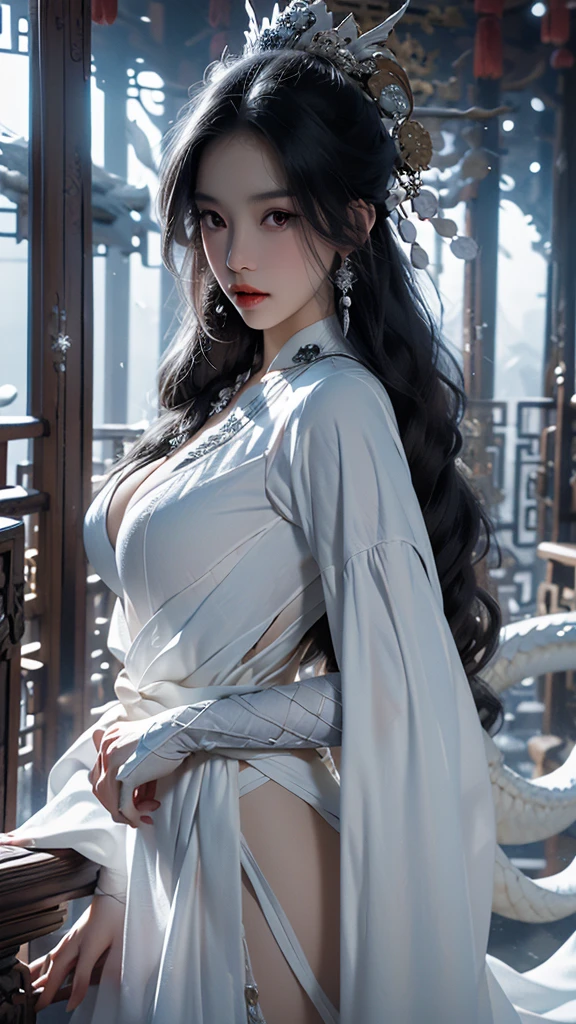 best quality,masterpiece,Ultra-high resolution,photoactual:4:0,Snow,A hot oriental woman,Crystal clear white long flowing hair,White dragon scale head style,Big breasts,thin waist,Bright white dragon scale robe,sideways,Above the waist,Close up